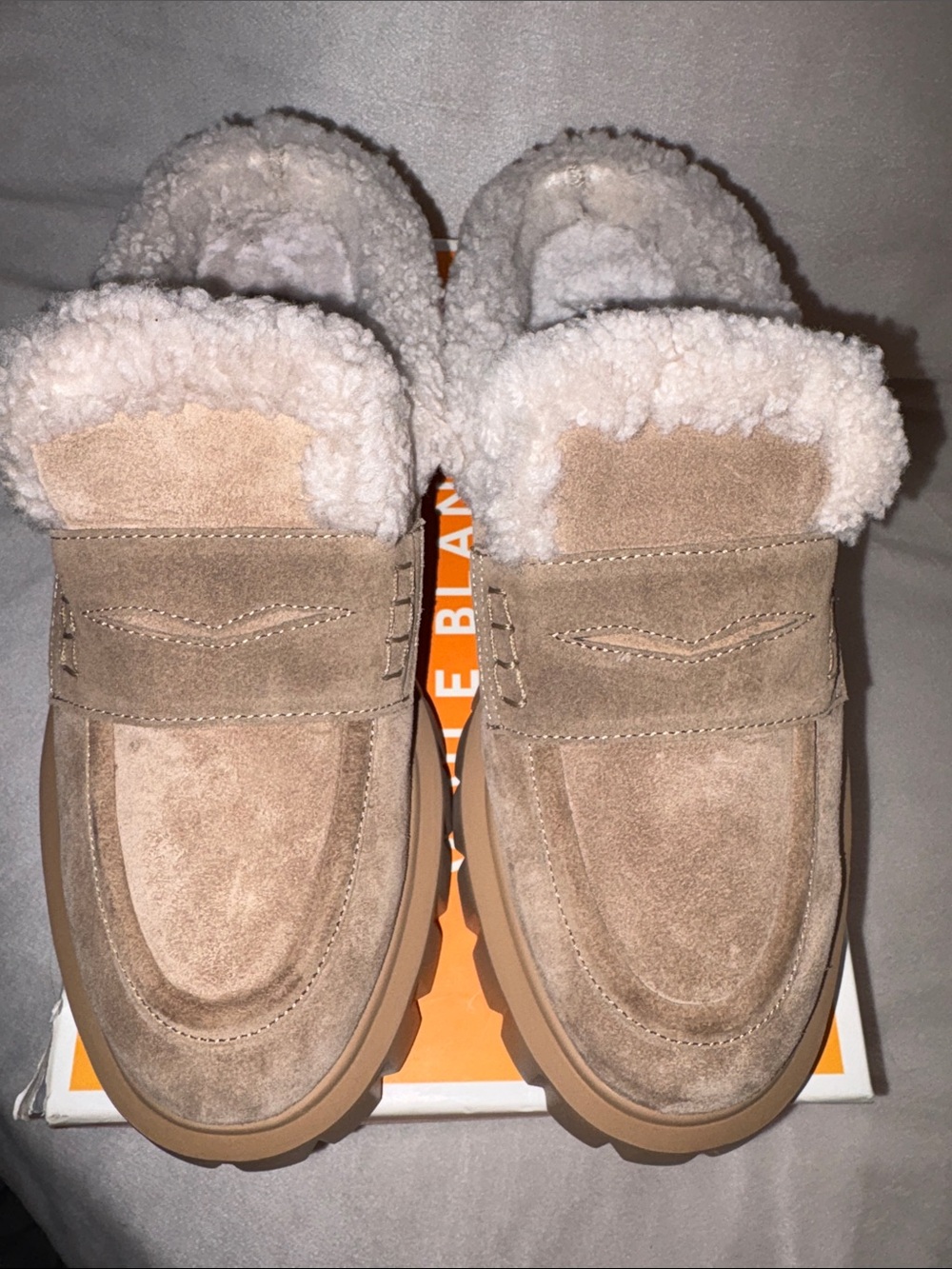 NWT VOILE BLANCHE Grenelle Genuine Shearling Platform Mule in Light Brown-Beige - Picture 9 of 16
